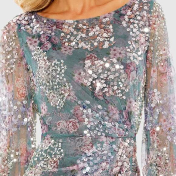 Mac‎ Duggal 93750 Size 10 Blue Grey Pink Floral Long Sleeve Gown Maxi Dress - Picture 3 of 4